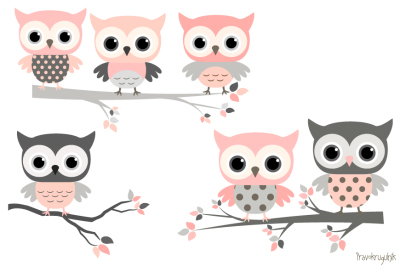 Pink and grey owls set, Cute owl clipart, Kawaii owls clip art, Girl Owls on branches, Baby shower clipart