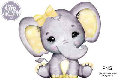 Cute Baby Girl  Elephant with Yellow Bow and Ears PNG clip art