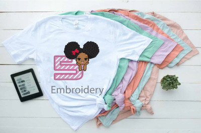 Embroidery Peekaboo girl with puff afro ponytails 5th Birthday Girl