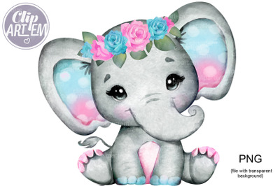 Pink Turquoise Baby Girl Elephant PNG,  watercolor baby girl  images