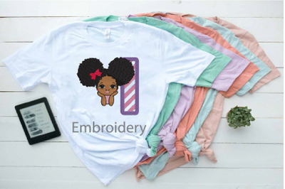 Embroidery Peekaboo girl with puff afro ponytails 1st Birthday Girl