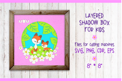 Mama fox with a baby fox. Shadow Box Template svg