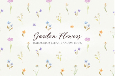 Garden Flowers. Watercolor Collection Patterns and Cliparts