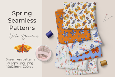 Spring vector seamless patterns with butterflies and flowers