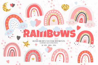 Hand Drawn Rainbows Vector Illustration. Boho Clipart Set