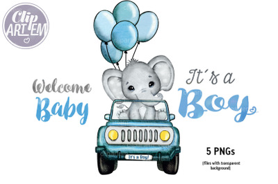 Super Cute Boy Elephant Blue Car Balloons PNG images baby shower decor