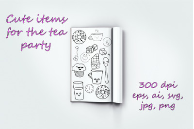 Bundle of cute outline Tea Party.EPS.SVG.AI.PNG.JPG