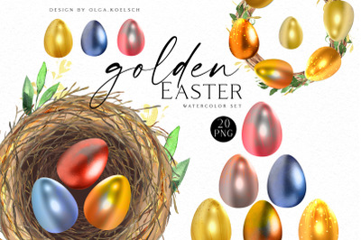 Watercolor Easter egg clipart, Golden easter hand-painted  eggs