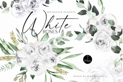 White boho roses bouquets clipart, Watercolor floral borders png