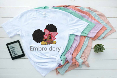 Embroidery Peekaboo girl with puff afro ponytails Afro Hair African