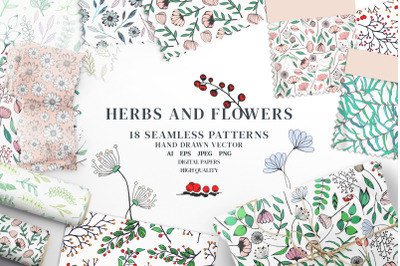 Hand Drawn Floral Elements Seamless Patterns. Digital papers