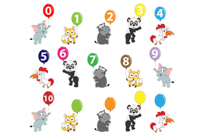 cute animal cartoon with ballon and number