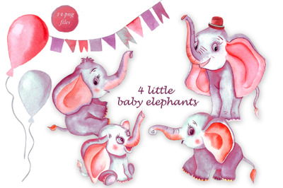 Pink watercolor elephants clipart decor for Baby shower