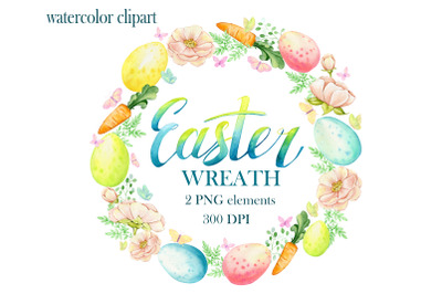 Easter Floral Wreath Clipart. Watercolor hand painted frame with eggs