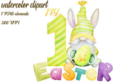 My First Easter, watercolor, clipart, PNG, Easter gnome, spring card,