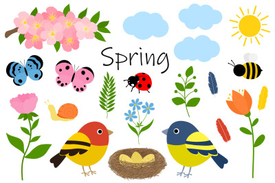 Set Spring vector. Spring flowers. Birds nest. Spring SVG