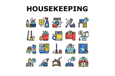 Housekeeping Cleaning Collection Icons Set Vector