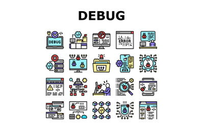 Debug Research And Fix Collection Icons Set Vector