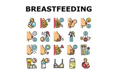 Breastfeeding Baby Collection Icons Set Vector