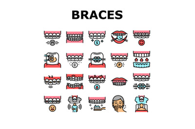 Tooth Braces Accessory Collection Icons Set Vector