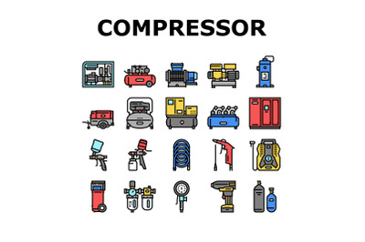 Air Compressor Tool Collection Icons Set Vector