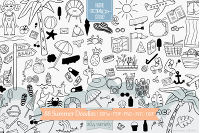 Summer Season Doodles | Hand Drawn Beach, Coconut Tree, Sun, Ice Cream