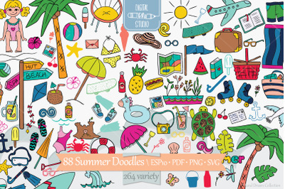 Summer Season, Beach, Coconut Tree, Sun,  Ice Cream, Color Doodles