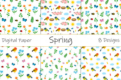 Spring pattern. Spring flowers pattern. Birds pattern SVG