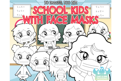 School Kids with Face Masks Digital Stamps - Lime and Kiwi Designs