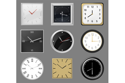 Realistic wall clocks. Round and square clocks face, 3d classic silver