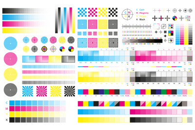 Printing cmyk marks. Offset print calibration marks, gradient color to