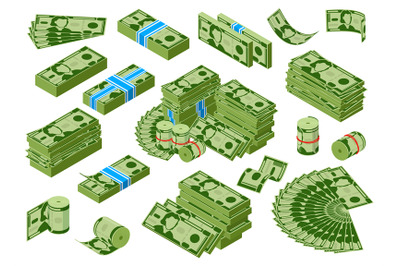 Isomeric money. Dollar banknotes piles, green dollar bills stack, earn