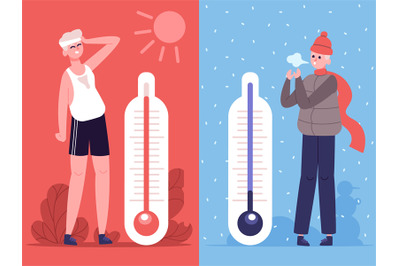 Man in hot and cold weather. Outdoor temperature thermometers, weather