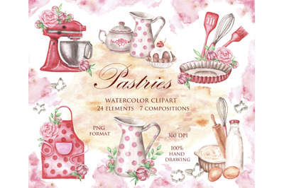 Pastries watercolor clipart. Cookbook. Baking, bakery, cooking, pastry
