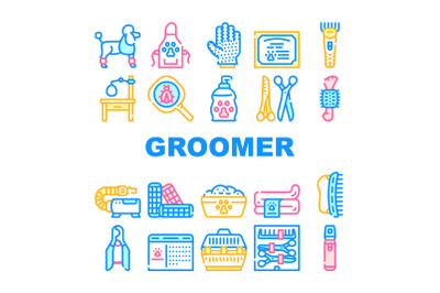 Groomer Pet Service Collection Icons Set Vector