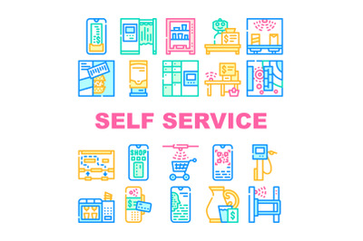 Self Service Buying Collection Icons Set Vector