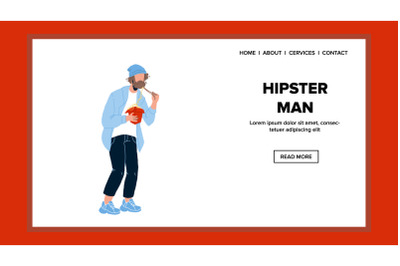 Hipster Man Eating Asian Noodles With Stick Vector