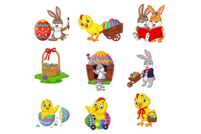 Set of Cartoon Easter Bunnies with Chick