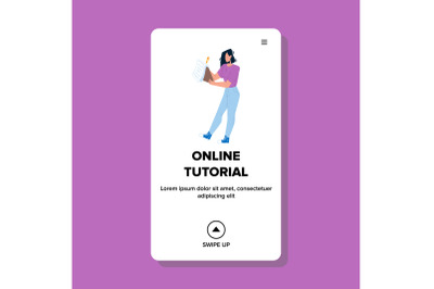 Online Tutorial Reading Young Woman Student Vector