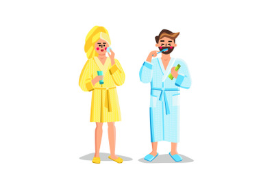 Couple Doing Morning Routine In Bathroom Vector