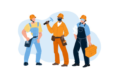 Builders With Building Equipment And Plan Vector