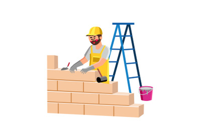 Builder Building House Wall With Bricks Vector