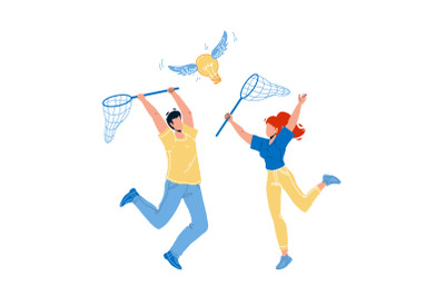 Catching Idea With Net Man And Woman People Vector