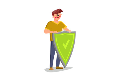 Healthy Man Standing Near Protective Shield Vector