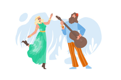 Hippie Couple Dancing And Playing On Guitar Vector