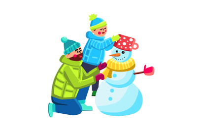 Snowman Making Father With Son Together Vector