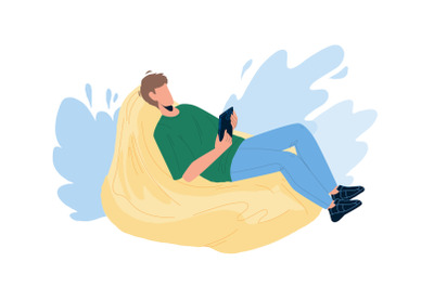 Man Relax On Bean Bag And Playing On Phone Vector