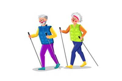 Nordic Walking Exercising Senior Couple Vector