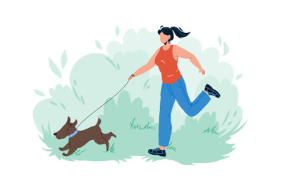 Pet Walking And Running In Park With Girl Vector