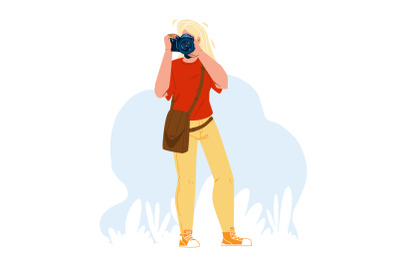 Photographer Girl Make Photo With Camera Vector